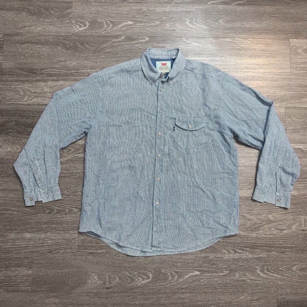 Vintage 90s Levis Blue Houndstooth Button Down Flannel Shirt Sz. L 1998